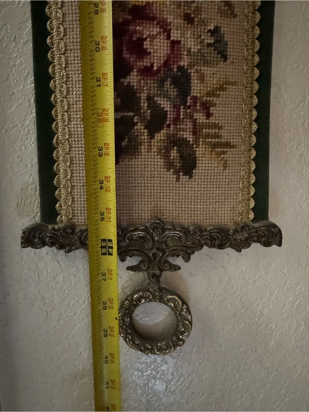 Vintage Floral Needlepoint Wall Tapestry in Green and Burgundy Floral design